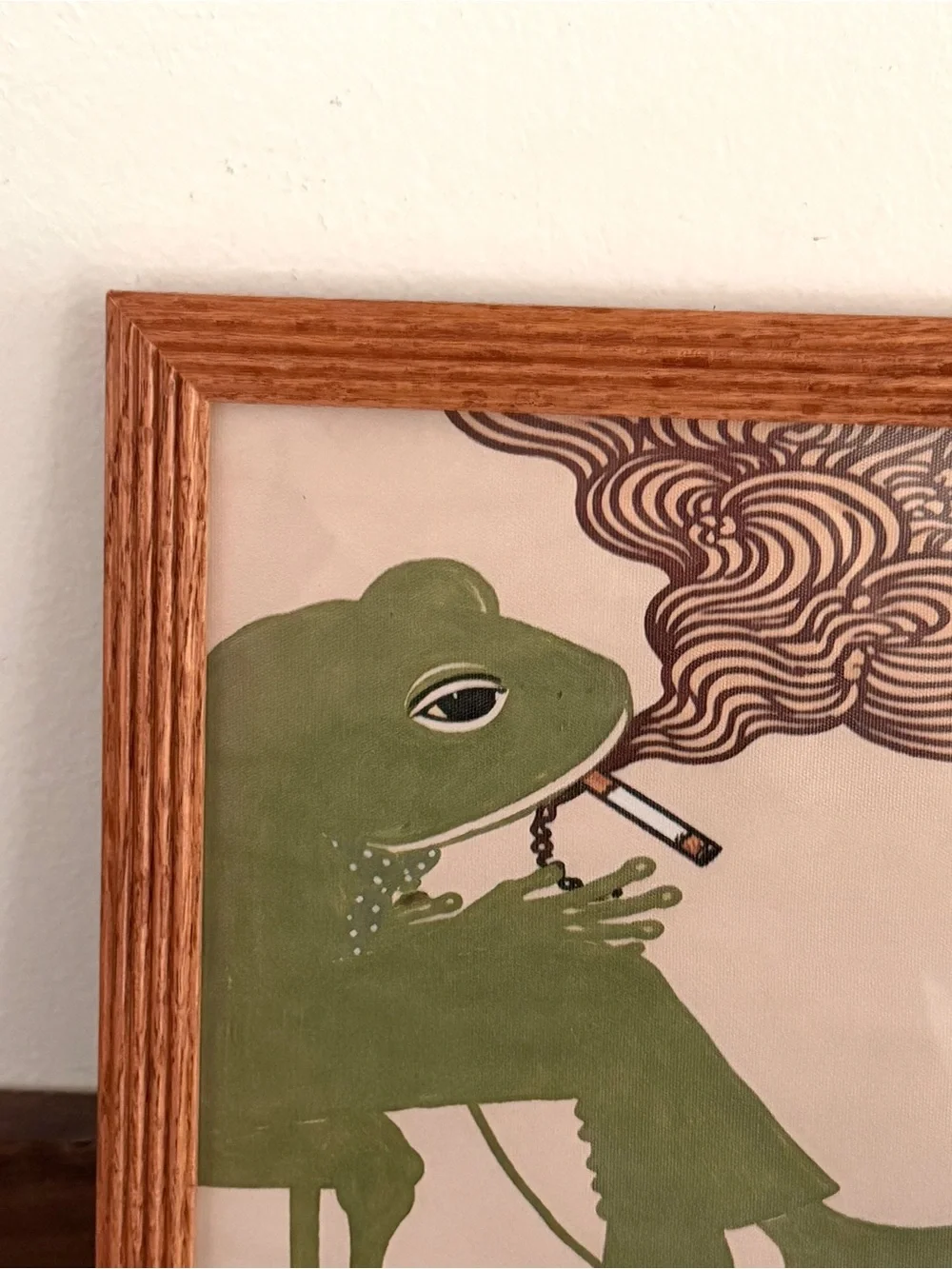 Vintage Smoking Frog Wall Art Wood Framed Quirky Retro Boho Decor Toad 9.25x11.2